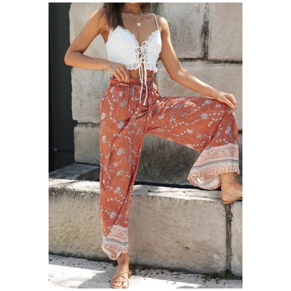 CLEARANCE Rust Bohemian Floral Printed Wide Leg Pants - Picture 5 of 6